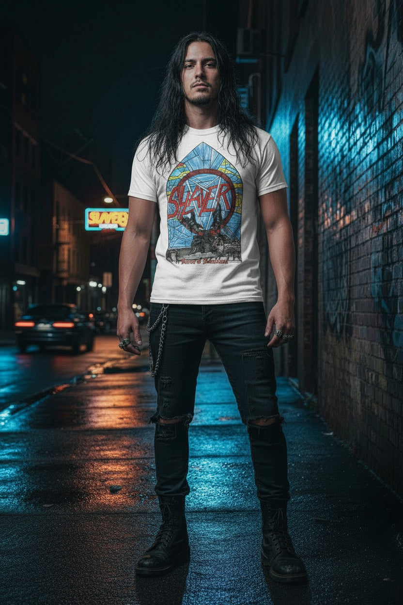 MAN WEARING SLAYER ALTER OF SACRIFICE TEE SLA10592S, SLA10592M, SLA10592L, SLA10592X, SLA10592XX, SLA10592XXX