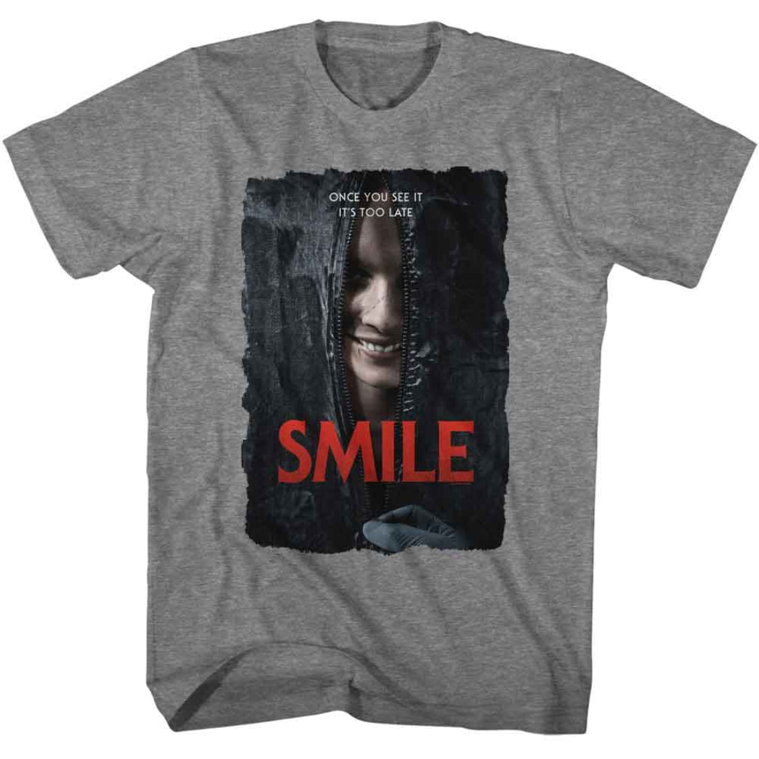 Gray t-shirt with a graphic design featuring the Smile movie poster