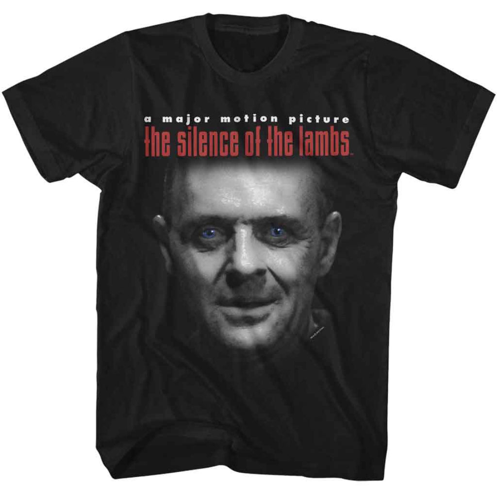 Black t-shirt with 'The Silence of the Lambs' movie poster design featuring a black and white portrait and red text.