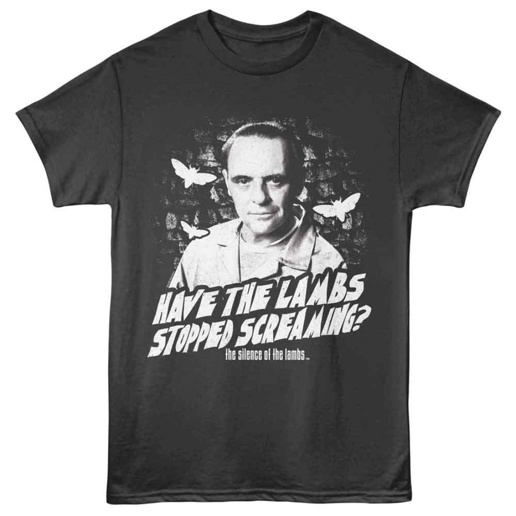 Black Silence of the Lambs t-shirt with a graphic of a man and text 'Have the lambs stopped screaming?' on a white background