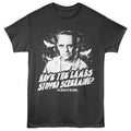 Black Silence of the Lambs t-shirt with a graphic of a man and text 'Have the lambs stopped screaming?' on a white background
