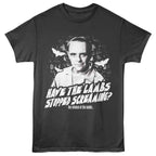 Black Silence of the Lambs t-shirt with a graphic of a man and text 'Have the lambs stopped screaming?' on a white background