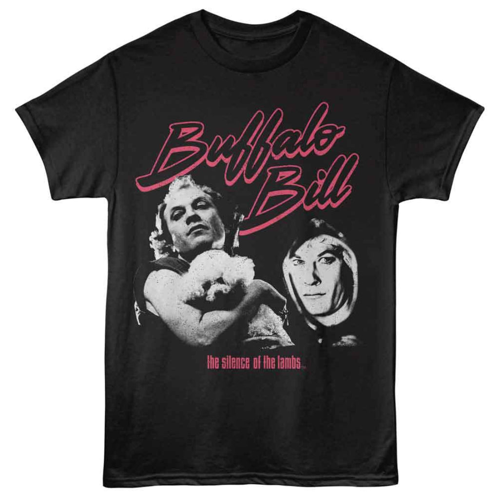 Black SILENCE OF THE LAMBS t-shirt with 'Buffalo Bill' graphic design featuring a person holding a child and text.