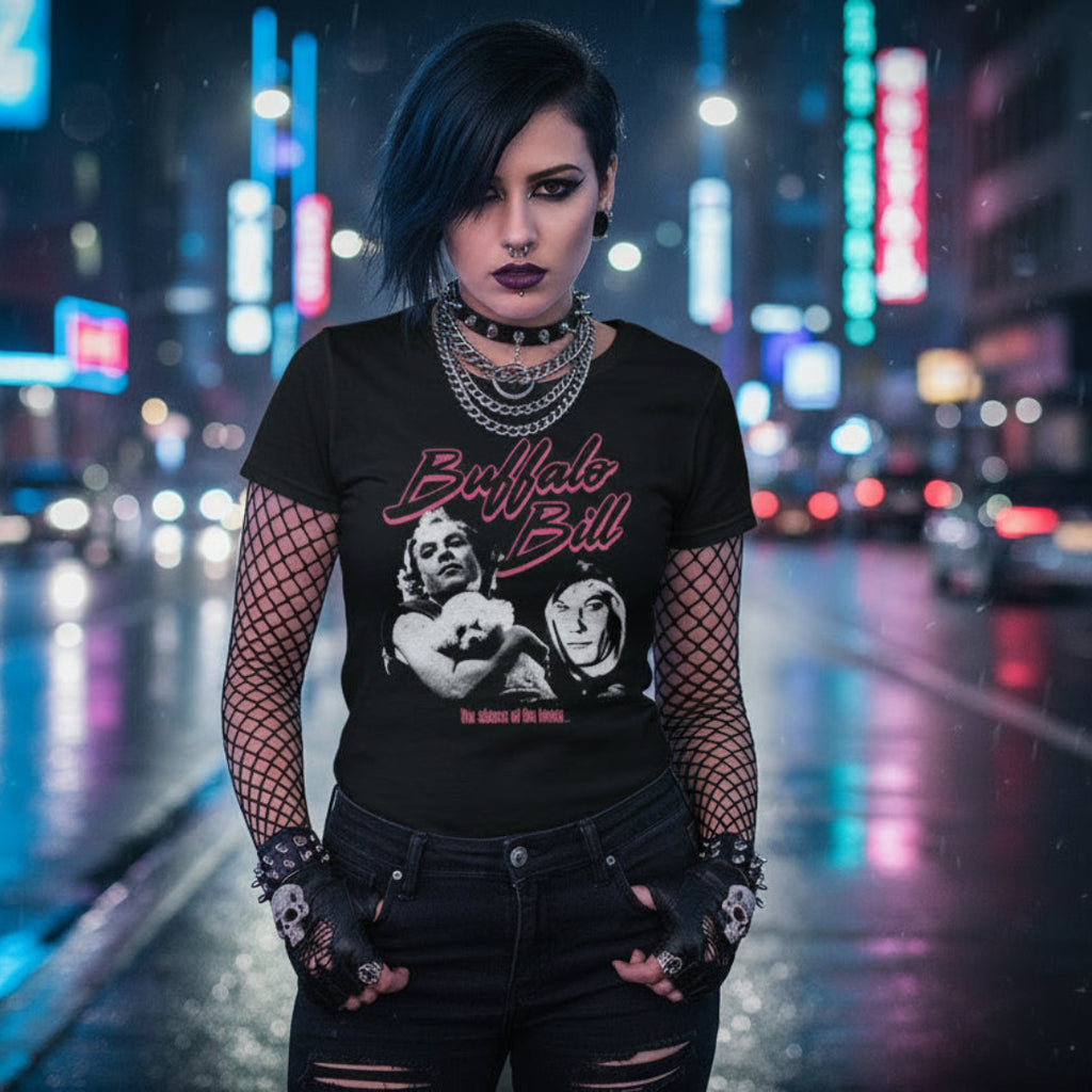 Woman wearing a Silence of the Lambs 'Buffalo Bill' t-shirt in a neon-lit city SOL577S, SOL577M, SOL577L, SOL577XL, SOL577XXL, SOL577XXXL, SOL577XXXXL, SOL577XXXXXLstreet