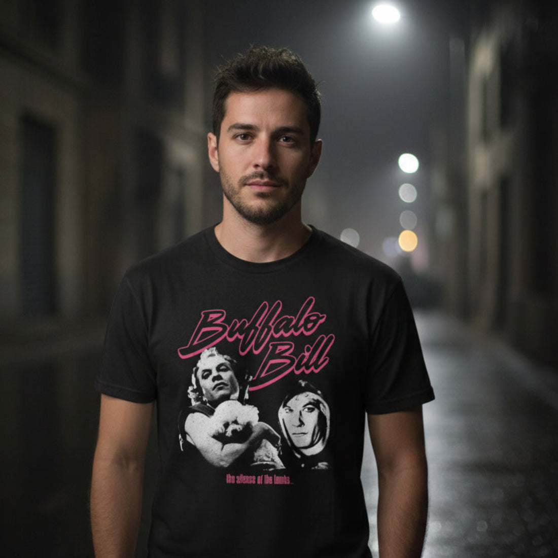 Man wearing a SIlence of the Lambs black t-shirt with graphic design and text in a dark alleyway. SOL577S, SOL577M, SOL577L, SOL577XL, SOL577XXL, SOL577XXXL, SOL577XXXXL, SOL577XXXXXL