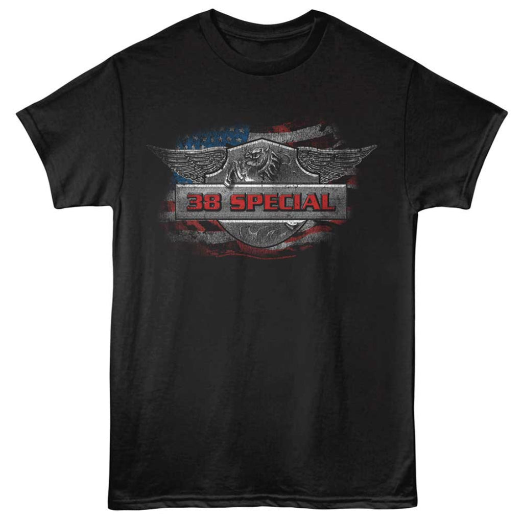 Black t-shirt with '38 Special' graphic design featuring an eagle and American flag on a white background.