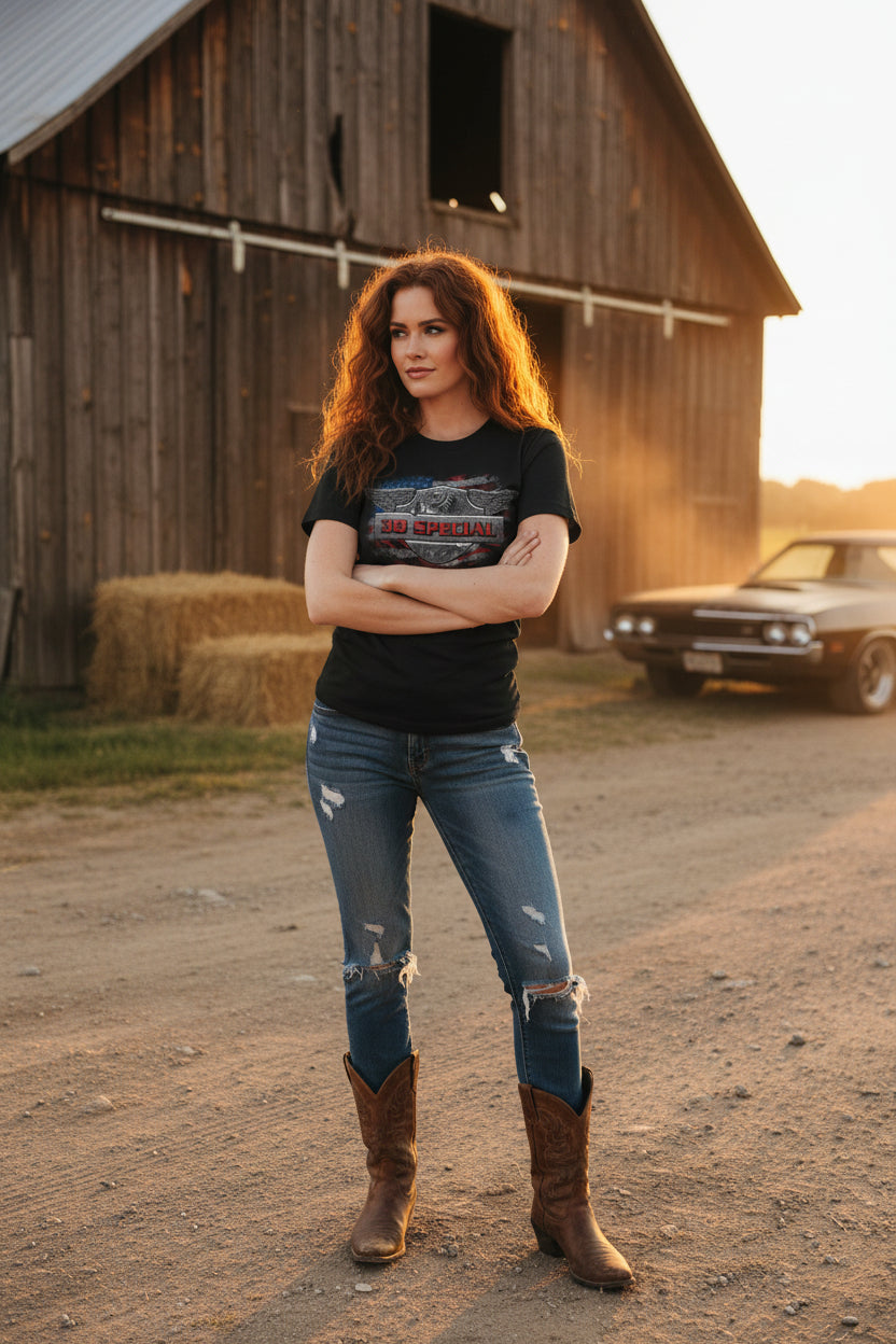 woman wearing 38 special tee SPE507S, SPE507M, SPE507L, SPE507XL, SPE507XXL, SPE507XXXL, SPE507XXXXL, SPE507XXXXXL