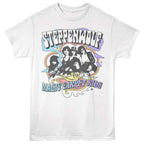 White t-shirt with Steppenwolf graphic design on a white background