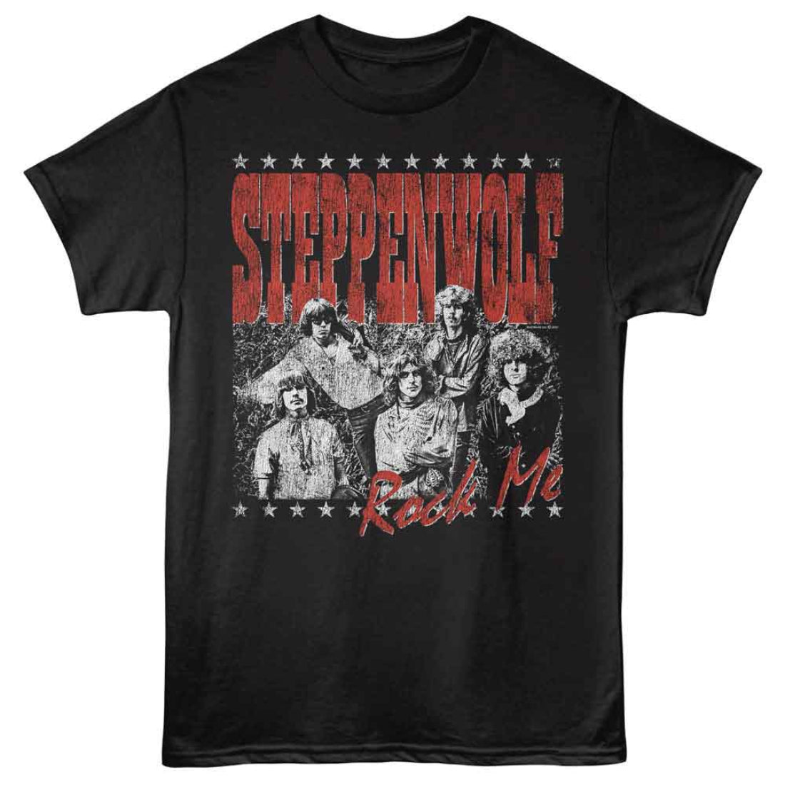 Black t-shirt with Steppenwolf band graphic and text on a white background