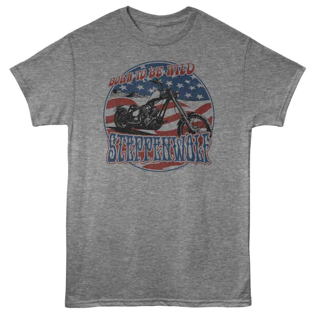 Gray Steppenwolf t-shirt with a graphic of a motorcycle and American flag design on a white background