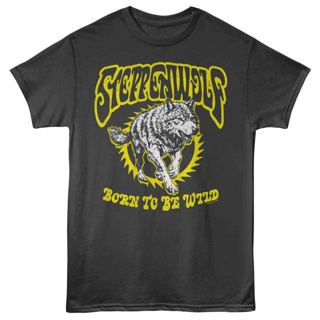 Black Steppenwolf t-shirt with yellow graphic of a wolf and text on a white background