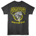 Black Steppenwolf t-shirt with yellow graphic of a wolf and text on a white background