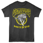 Black Steppenwolf t-shirt with yellow graphic of a wolf and text on a white background