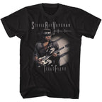 Black t-shirt with a graphic of Stevie Ray Vaughan playing guitar, featuring text 'Stevie Ray Vaughan' and 'Texas Flood'.