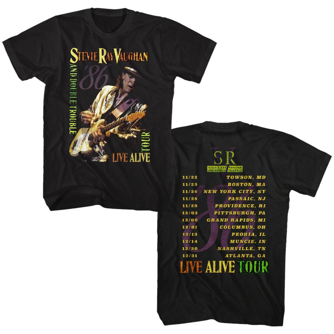 Black t-shirt with Stevie Ray Vaughan 'Live Alive' tour graphic on a white background