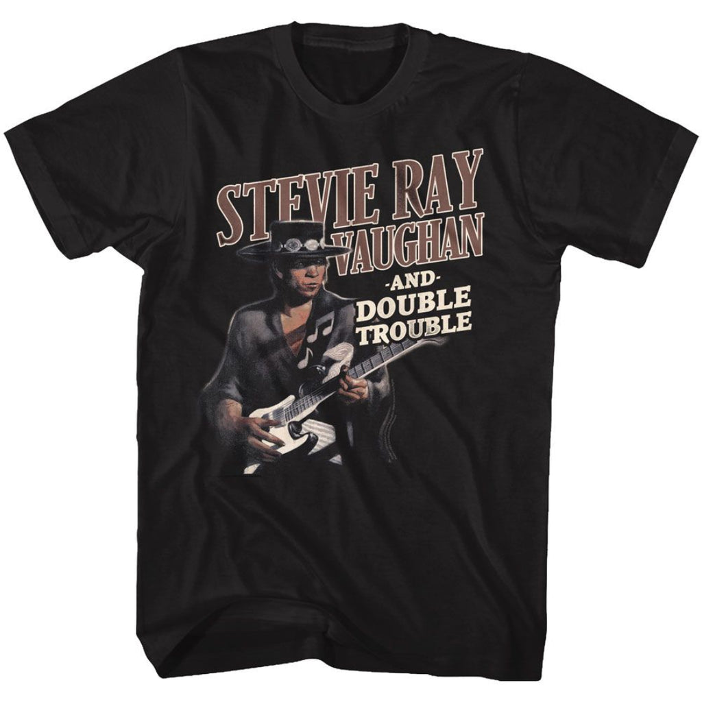 Black t-shirt with Stevie Ray Vaughan graphic and text on a white background