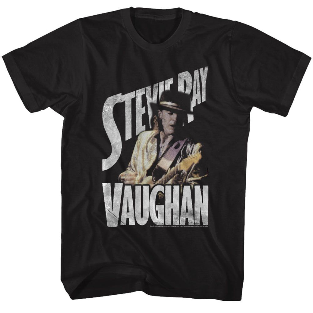 Black t-shirt with a graphic of a person playing guitar and 'Stevie Ray Vaughan' text.
