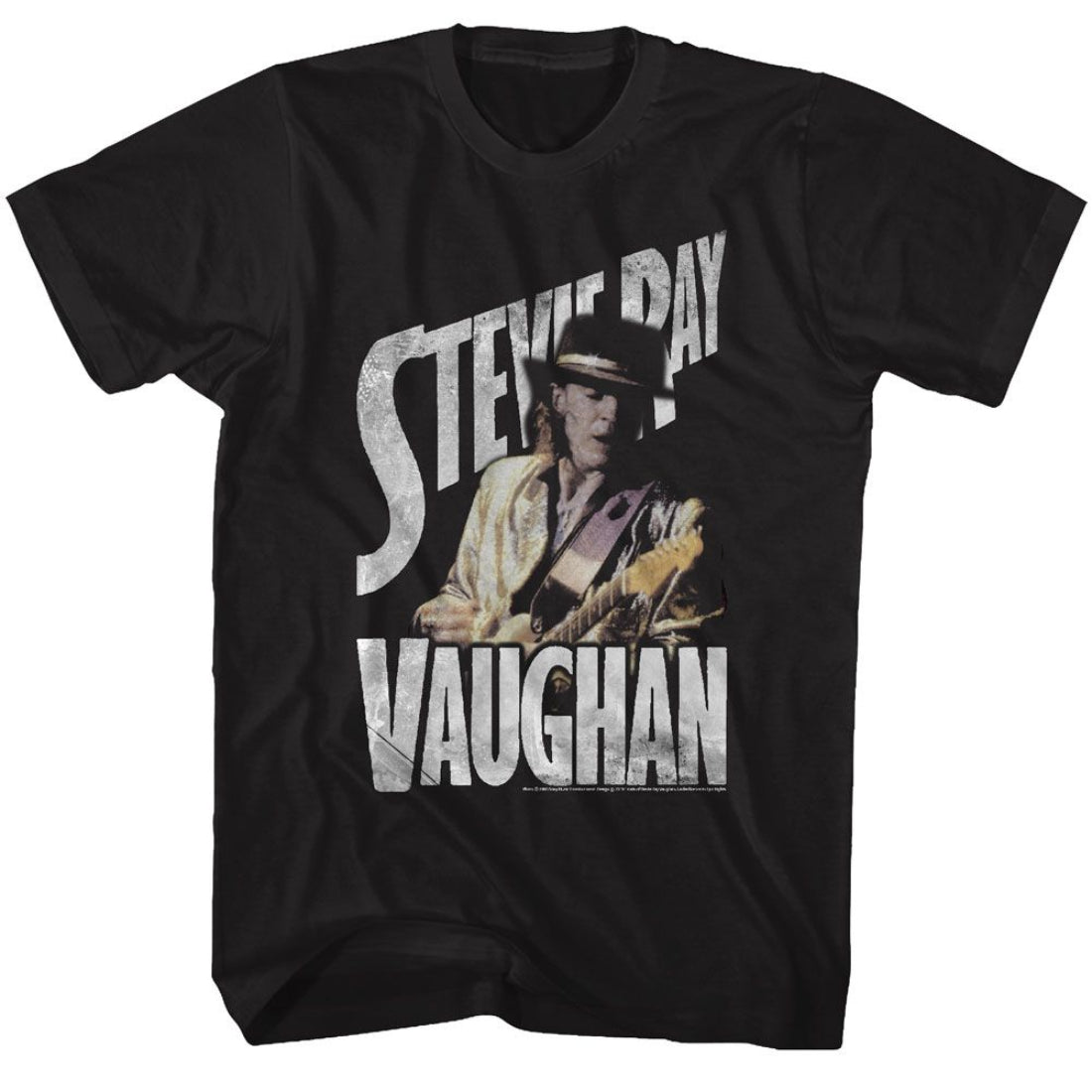 Black t-shirt with a graphic of a person playing guitar and 'Stevie Ray Vaughan' text.