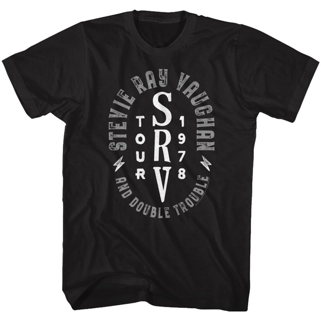 Black t-shirt with Stevie Ray Vaughan logo and text on a white background