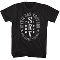 Black t-shirt with Stevie Ray Vaughan logo and text on a white background