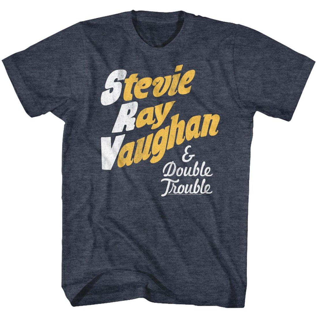 Gray t-shirt with 'Stevie Ray Vaughan & Double Trouble' text in yellow and white on a white background