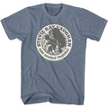 Blue t-shirt with Stevie Ray Vaughan and Double Trouble graphic on a white background