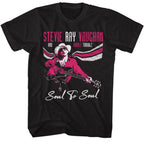 Black t-shirt with Stevie Ray Vaughan graphic design on a white background