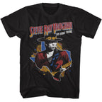 Black t-shirt with Stevie Ray Vaughan graphic design on a white background