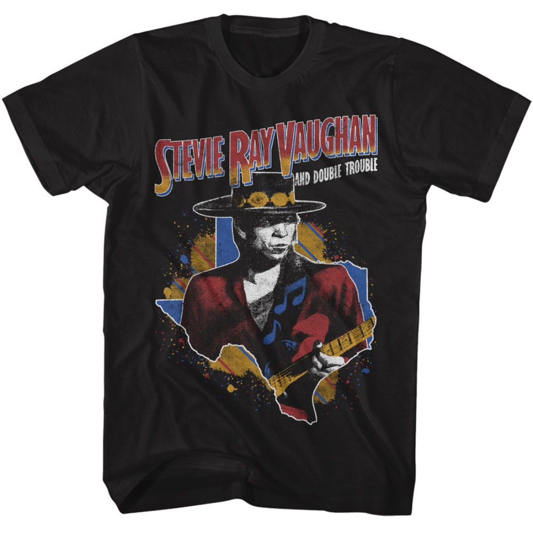 Black t-shirt with Stevie Ray Vaughan graphic design on a white background