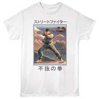White t-shirt with a graphic of a character from 'Street Fighter' and Japanese text on a white background