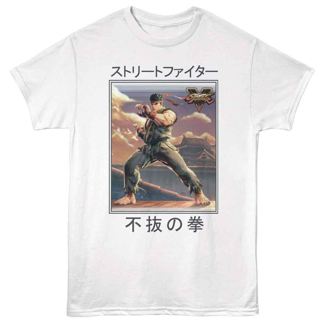 White t-shirt with a graphic of a character from 'Street Fighter' and Japanese text on a white background