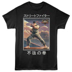 Black t-shirt with Street Fighter character design and text on a white background
