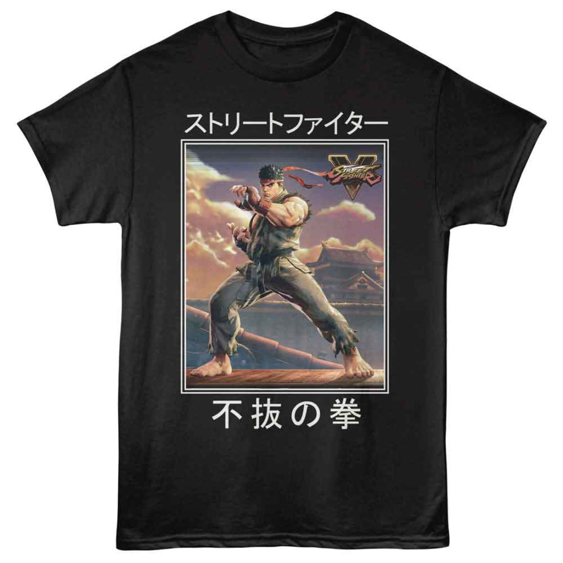 Black t-shirt with Street Fighter character design and text on a white background