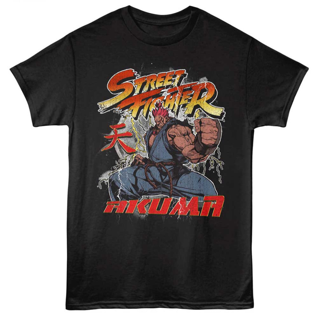 Black t-shirt with Street Fighter graphic featuring Akuma in a fighting pose.