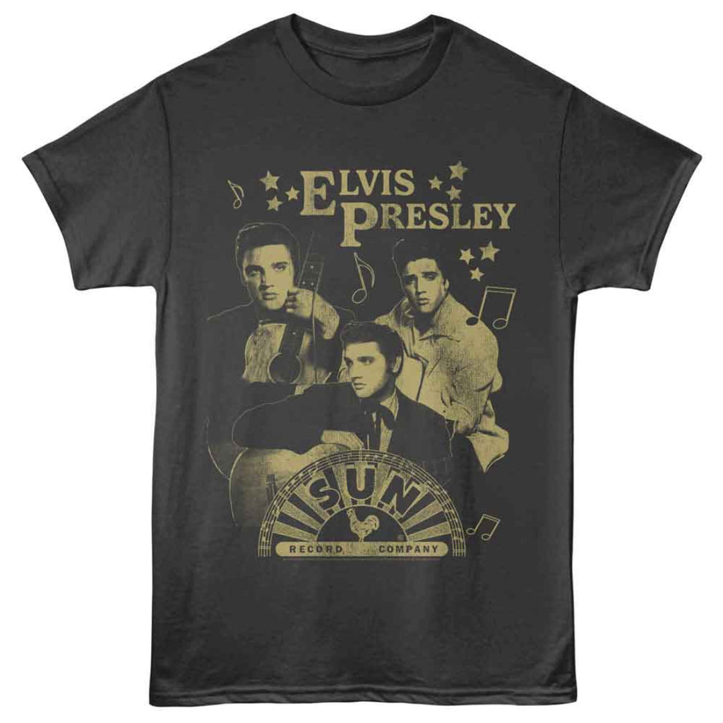 Black t-shirt with vintage-style Elvis Presley graphic and 'Sun Records' logo on a white background.
