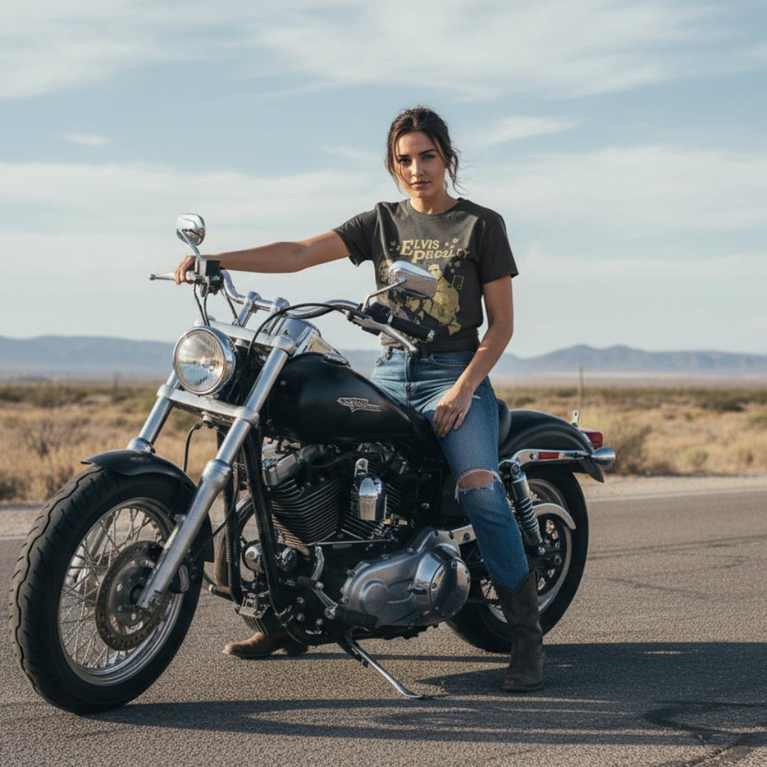 woman wearing Black t-shirt with vintage-style Elvis Presley graphic design SUNE521S, SUNE521M, SUNE521L, SUNE521XL, SUNE521XXL