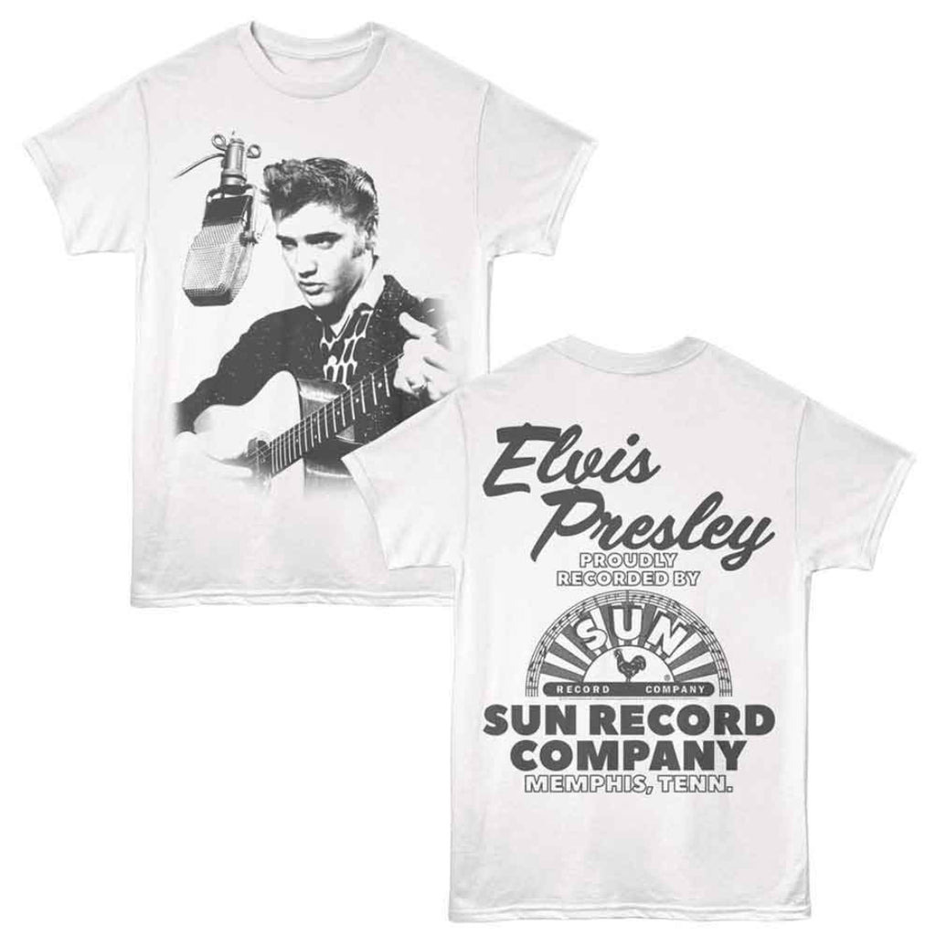 White t-shirt with black and white photo of a musician and 'Elvis Presley' text on a white background
