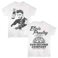 White t-shirt with black and white photo of a musician and 'Elvis Presley' text on a white background