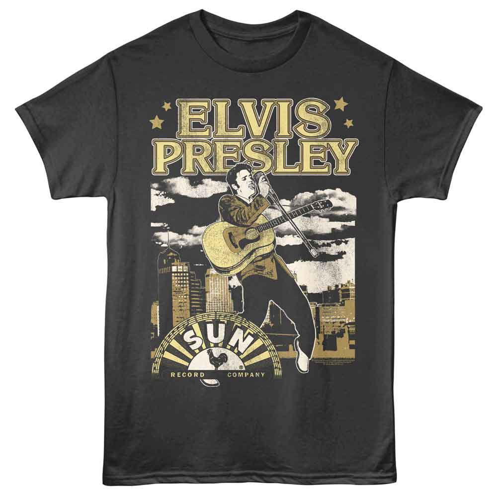 Black t-shirt with Elvis Presley graphic design featuring a cityscape and 'Sun Records' logo.