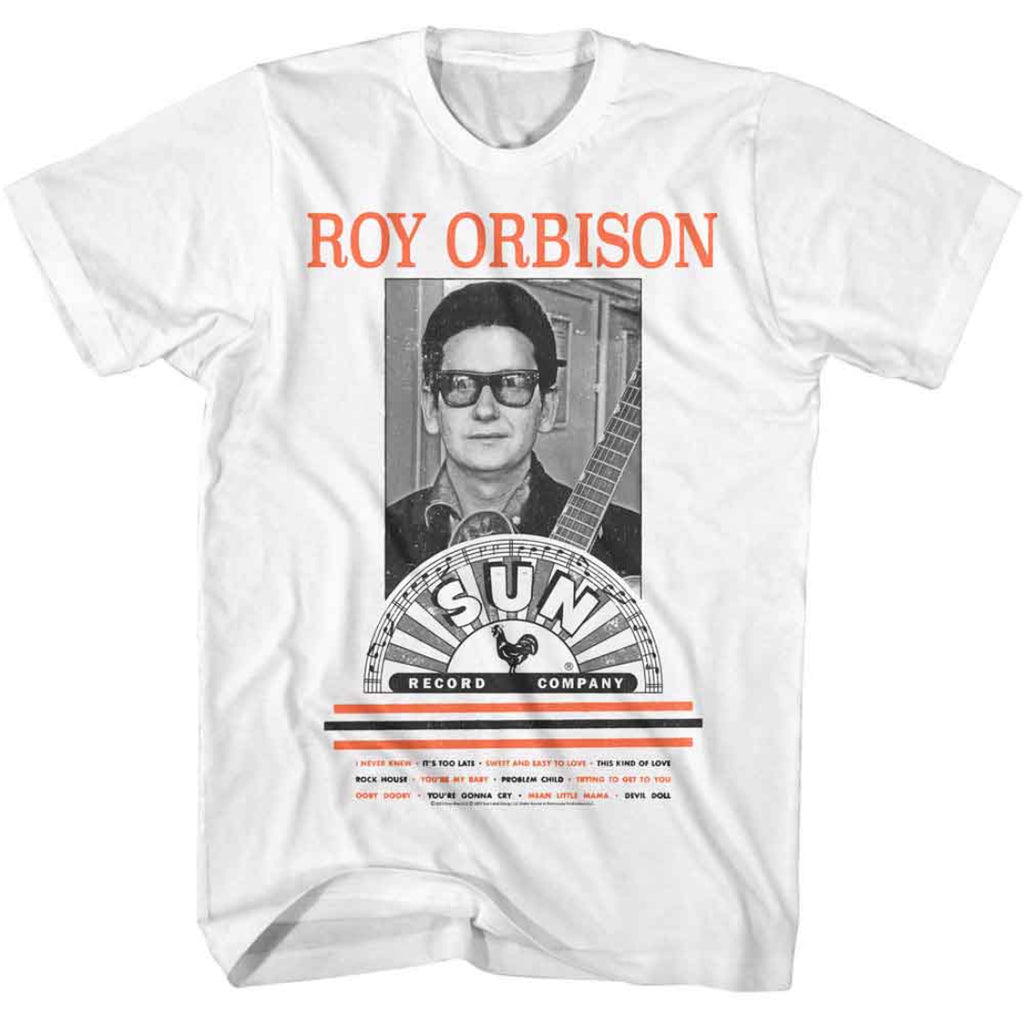 White t-shirt with a graphic of Roy Orbison and the Sun Records logo on a white background