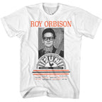 White t-shirt with a graphic of Roy Orbison and the Sun Records logo on a white background