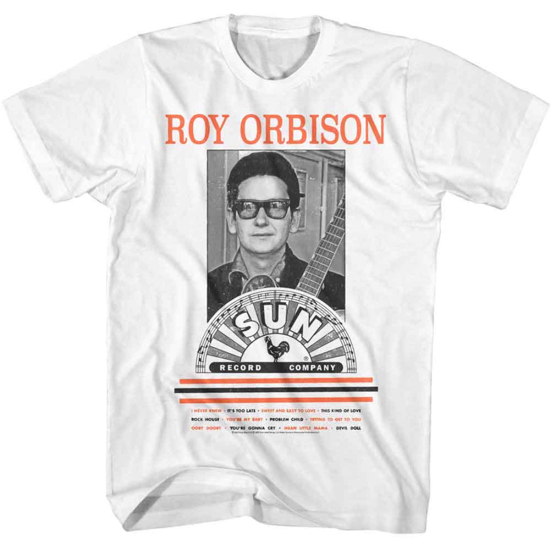 White t-shirt with a graphic of Roy Orbison and the Sun Records logo on a white background