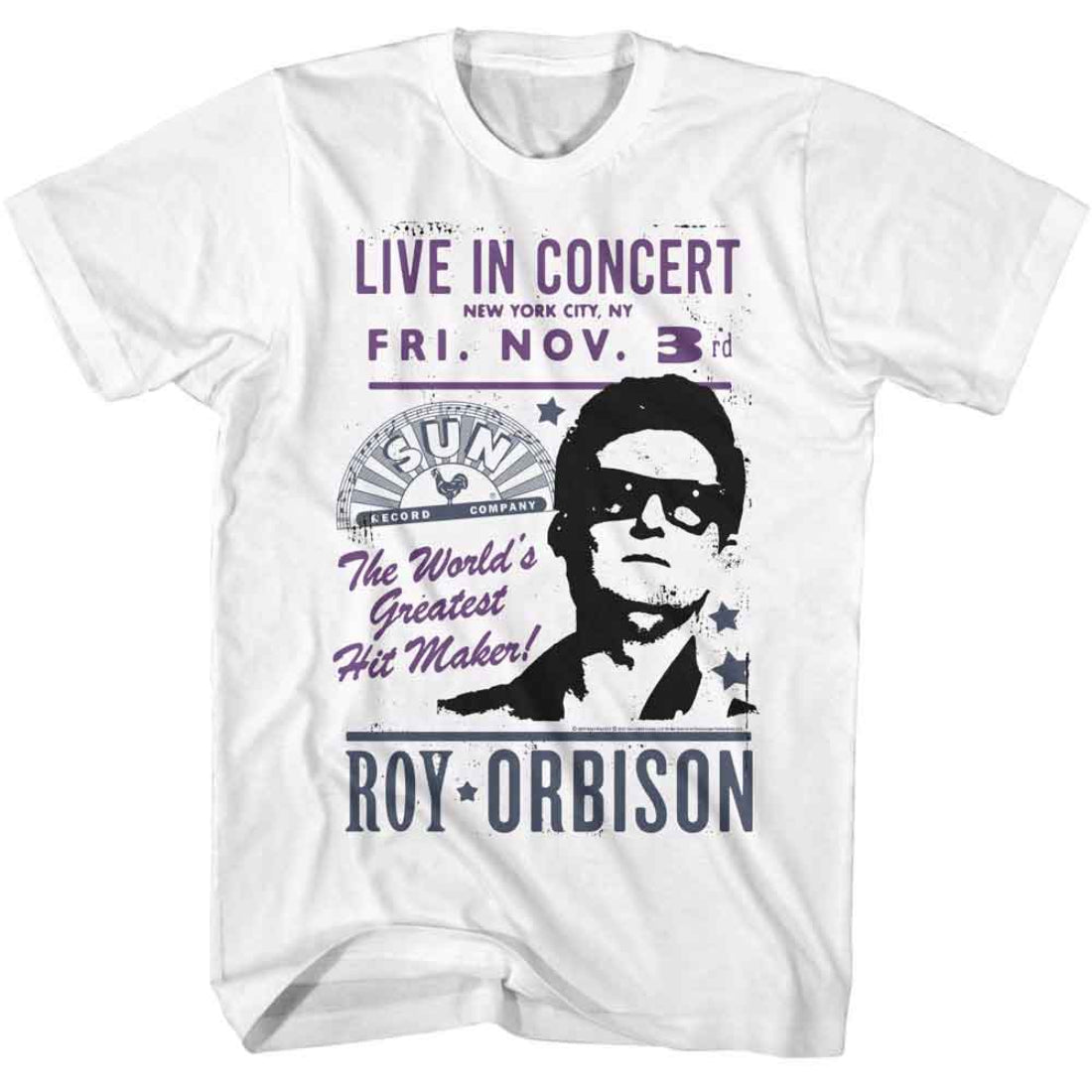 White t-shirt with black and purple graphic of Roy Orbison and concert information.