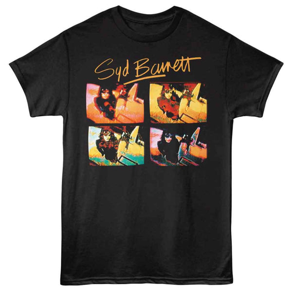 Black t-shirt with 'Syd Barrett' graphic design on a white background