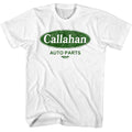 White t-shirt with 'Callahan Auto Parts' logo on a white background