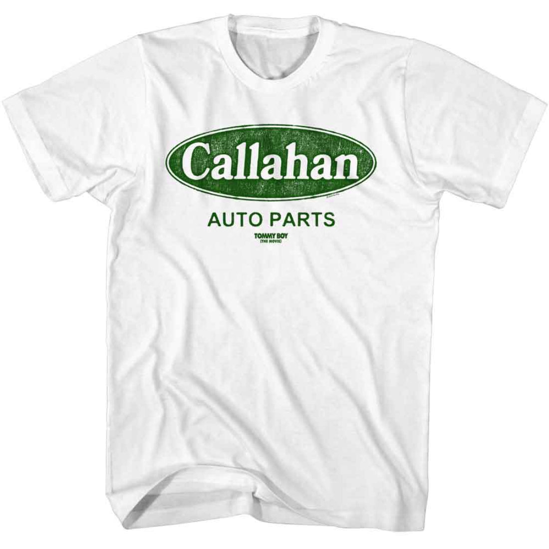 White t-shirt with 'Callahan Auto Parts' logo on a white background