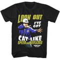 Black Tommy Boy t-shirt with graphic design featuring a person in a blue jacket and white cap, with text 'Look out I've got cat-like speed and reflexes' on a white background.