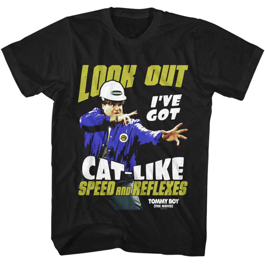 Black Tommy Boy t-shirt with graphic design featuring a person in a blue jacket and white cap, with text 'Look out I've got cat-like speed and reflexes' on a white background.