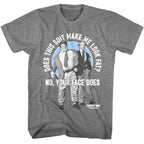 Gray Tommy Boy t-shirt with a graphic of two men and text 'Does this suit make me look fat? No, your face does.' on a white background.