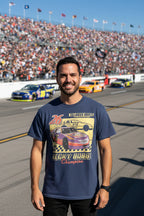 man wearing a Talladega Nights tee TDN547-NVYHTS, TDN547-NVYHTM, TDN547-NVYHTL, TDN547-NVYHTXL, TDN547-NVYHTXXL, TDN547-NVYHTXXXL, TDN547-NVYHTXXXXL, TDN547-NVYHTXXXXXL